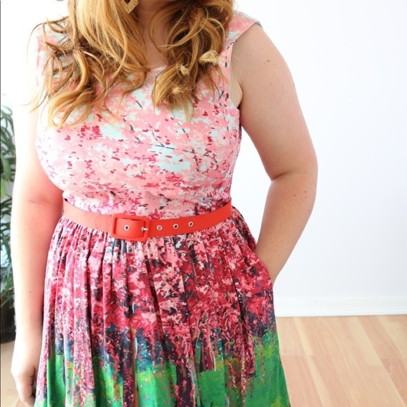 Modcloth Spring Cherry Blossom Dress Pockets Belt Bright Japan Trip - Picture 3 of 8